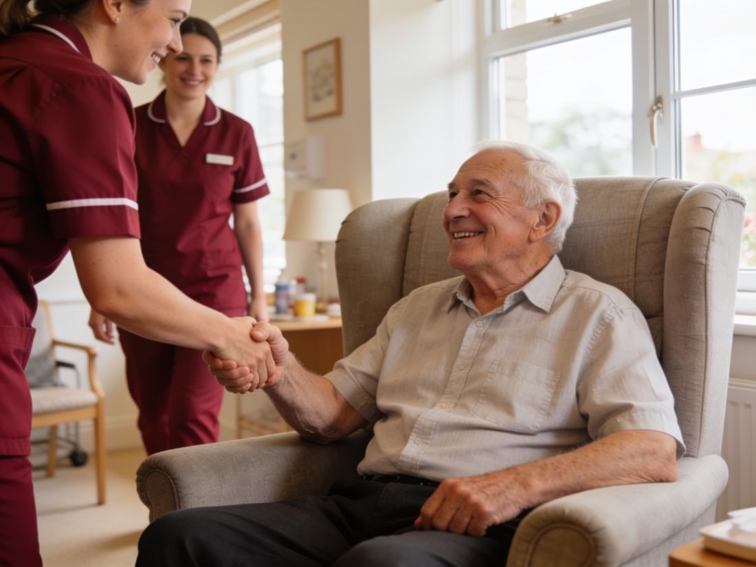 An elderly Bristol care home resident greeting a returning MAP HealthCare professional rebooked via MAP HealthCare Connect