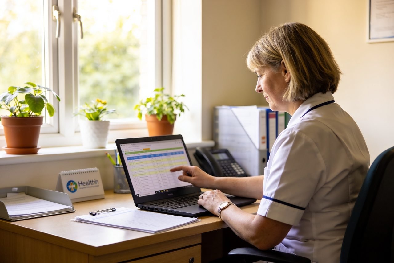 A Bristol care-home manager reviewing staffing schedules using MAP HealthCare Connect