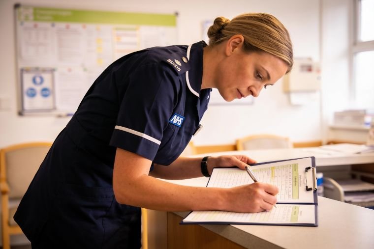 A MAP HealthCare RGN checking a CQC compliance checklist at a Bristol nursing station